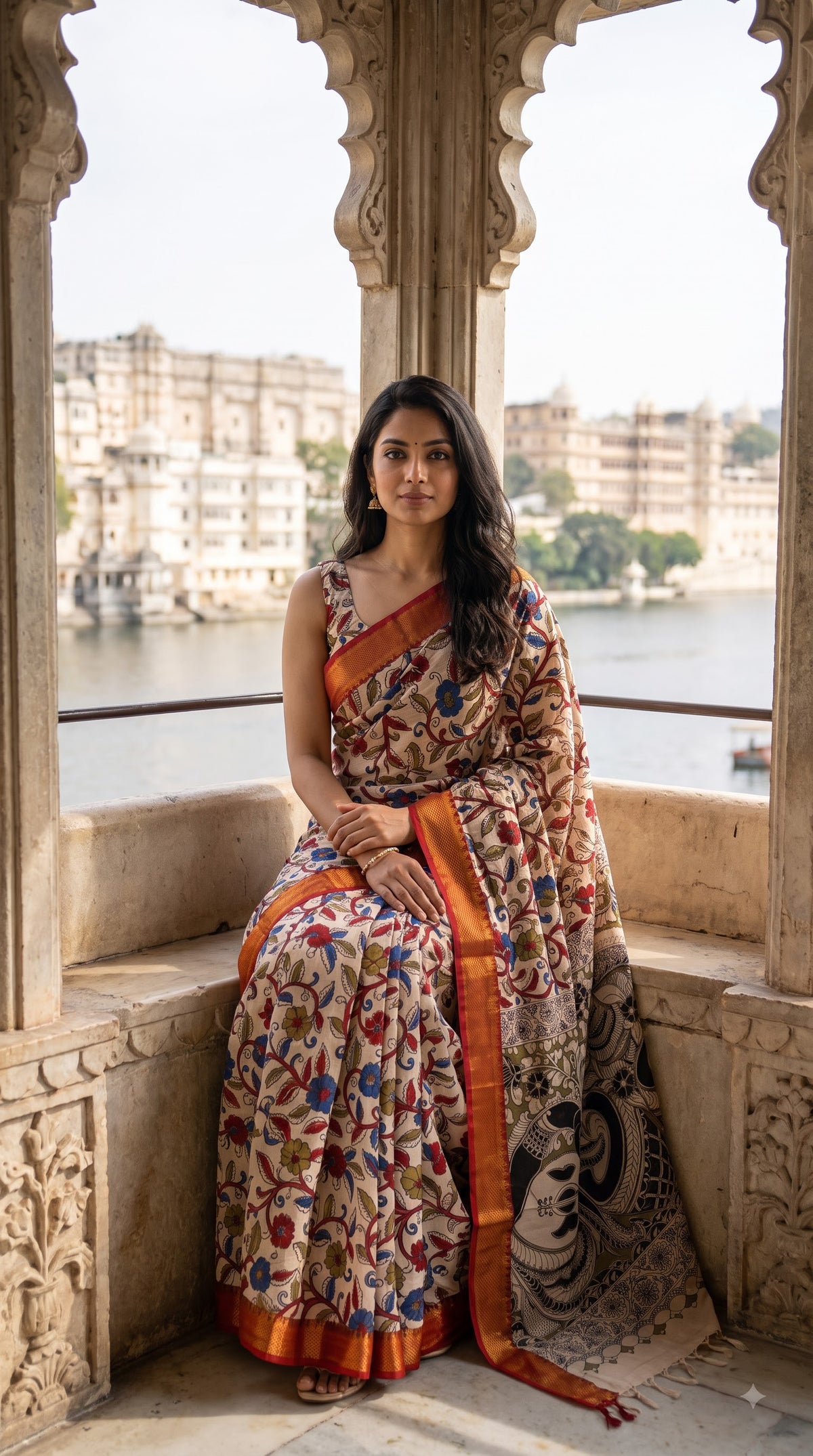 Kalamkari Printed Silk Saree with Border - Beige with Red