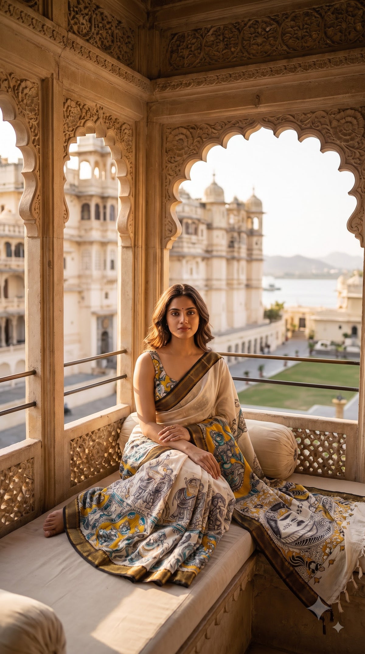 Figure Motif Kalamkari Silk Saree - Beige with Yellow