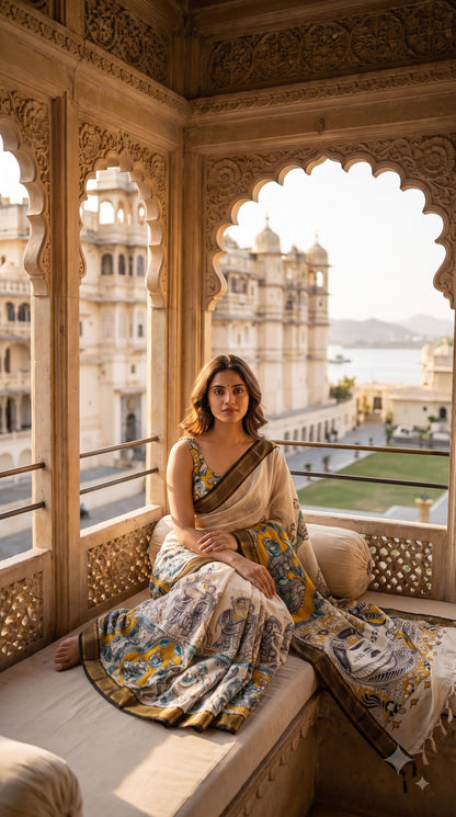 Figure Motif Kalamkari Silk Saree - Beige with Yellow