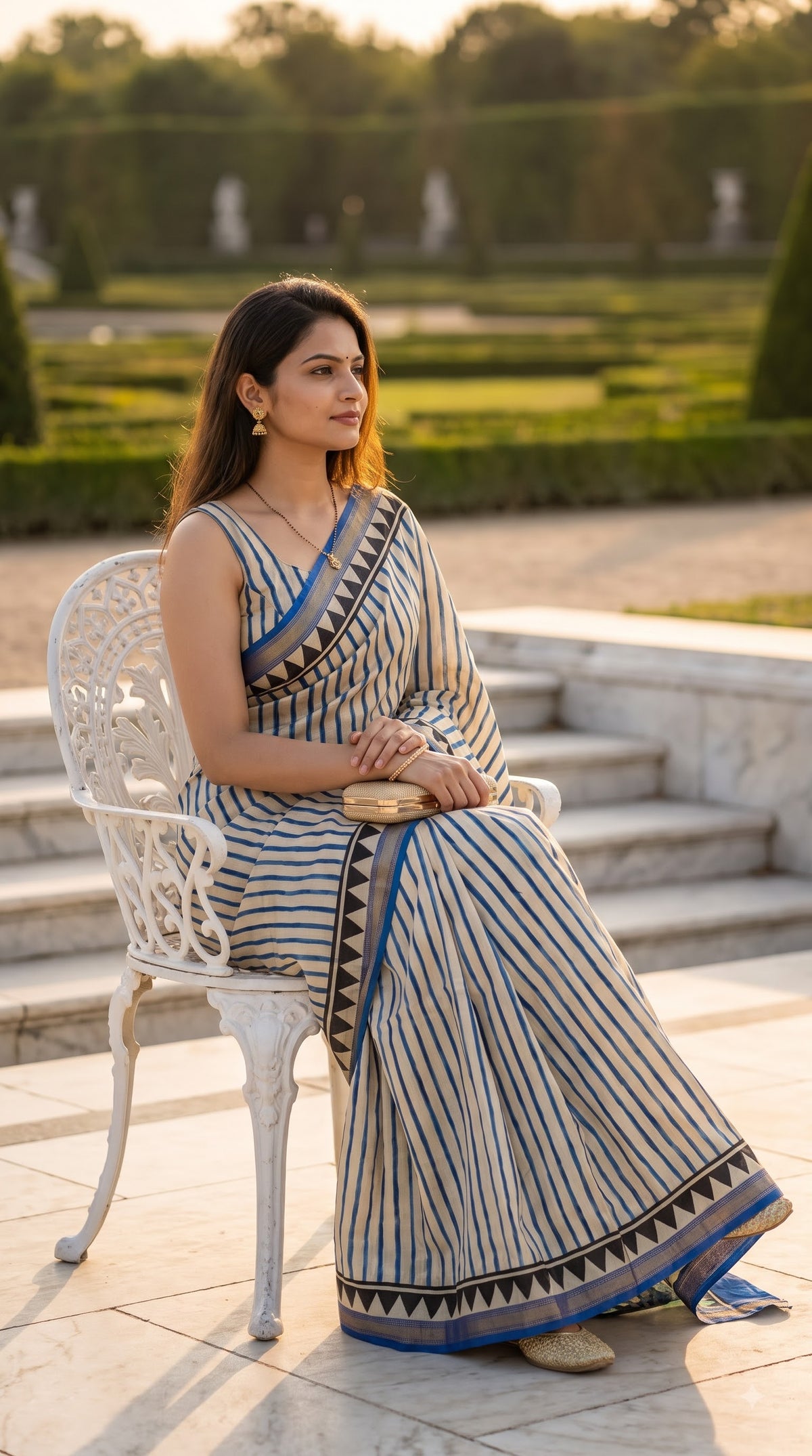 Maheshwari Silk Saree with Stripes with Green Handblock Pallu - Beige