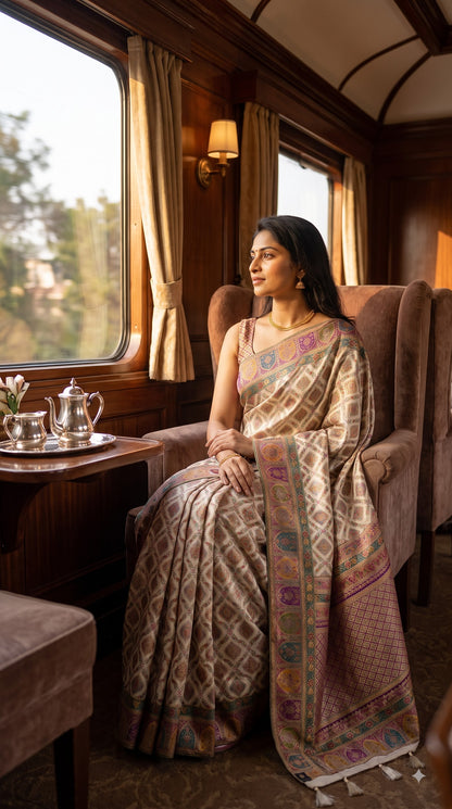 Pure Kani Silk Saree with Jaal Design - Cream