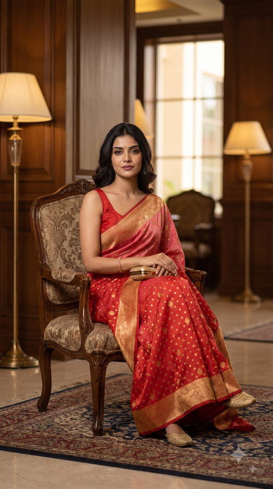 Crepe Banarasi Silk with Ombre Shades & Contrast Border-Red