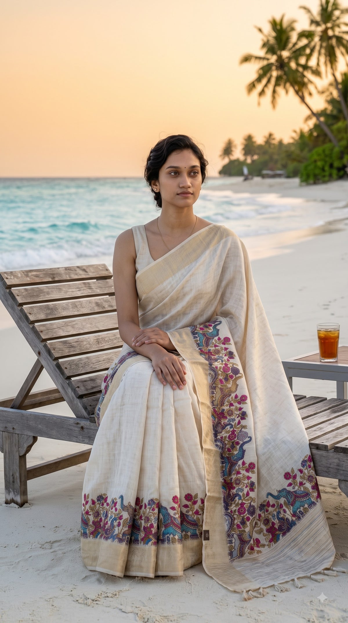 Pure Silk Saree with Digital Print & French Knot Kantha-Stitched - Cream