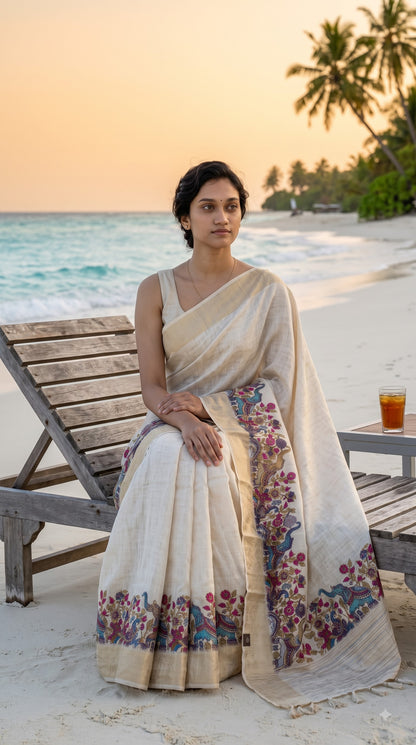 Pure Silk Saree with Digital Print & French Knot Kantha-Stitched - Cream