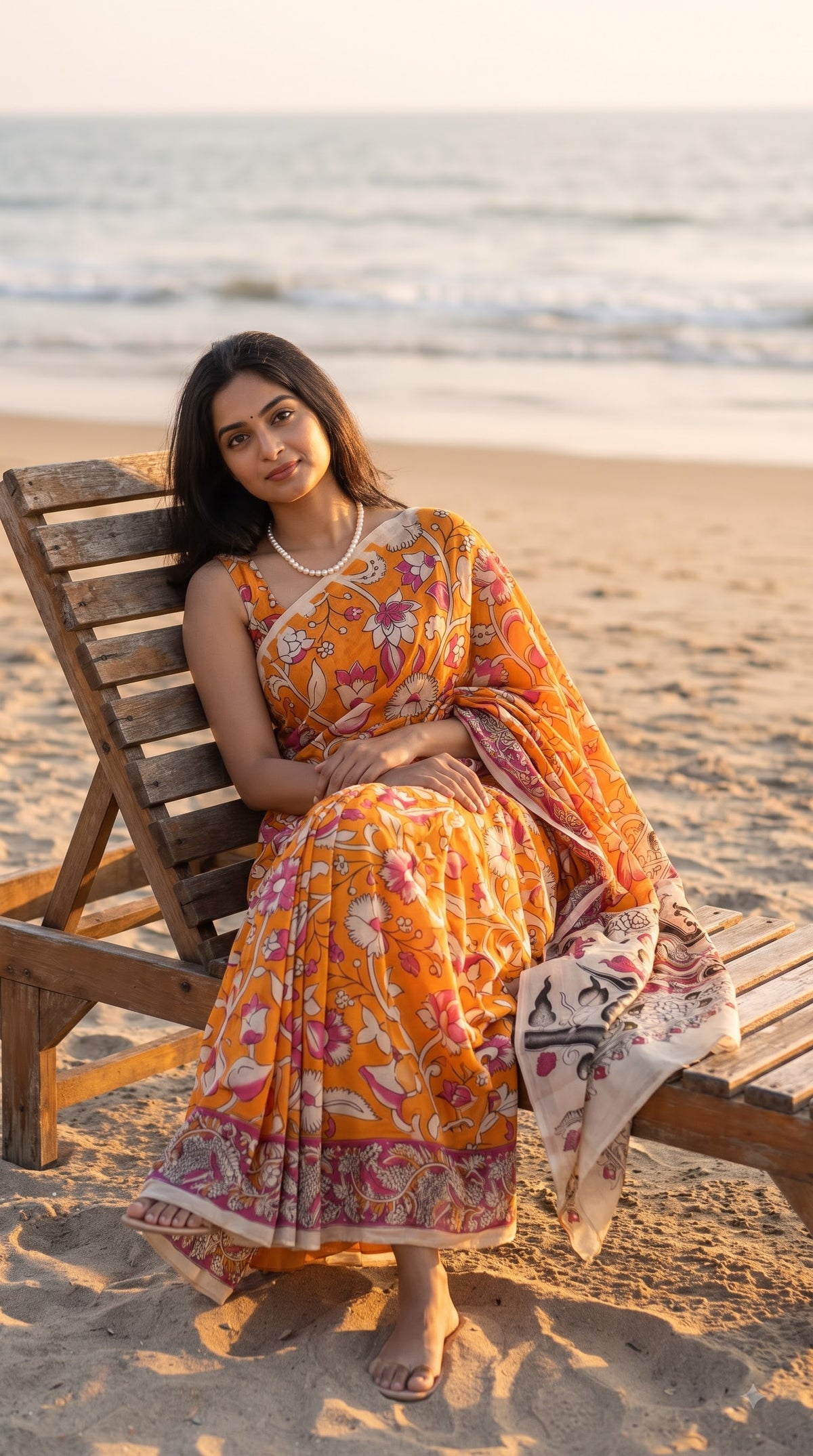 Printed Kalamkari Silk Saree - Orange & Pink
