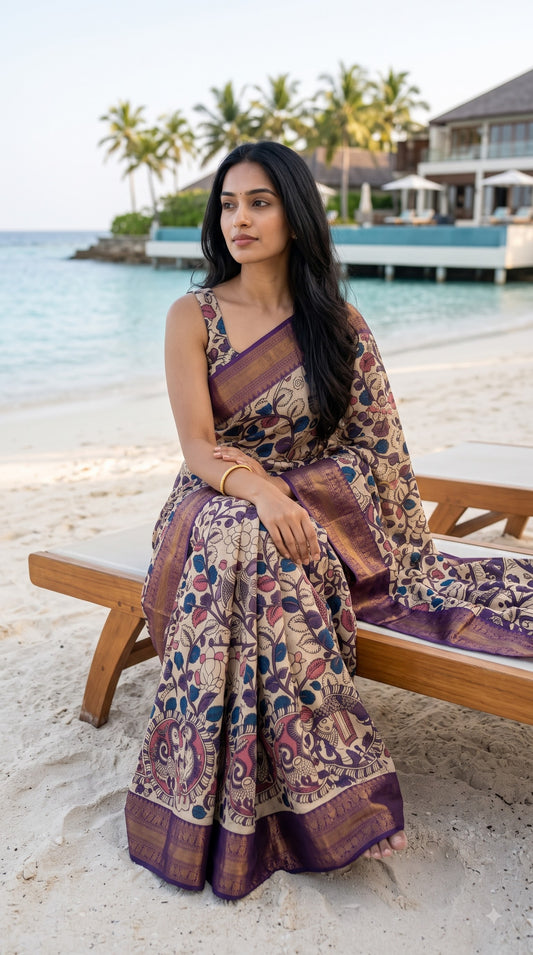 Kanchi Border Kalamkari Silk Saree - Beige with Purple