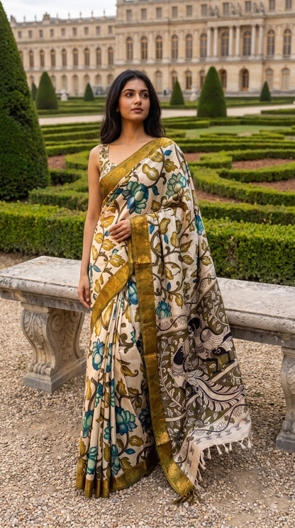 Kalamkari Silk Saree with Border - Beige with Green
