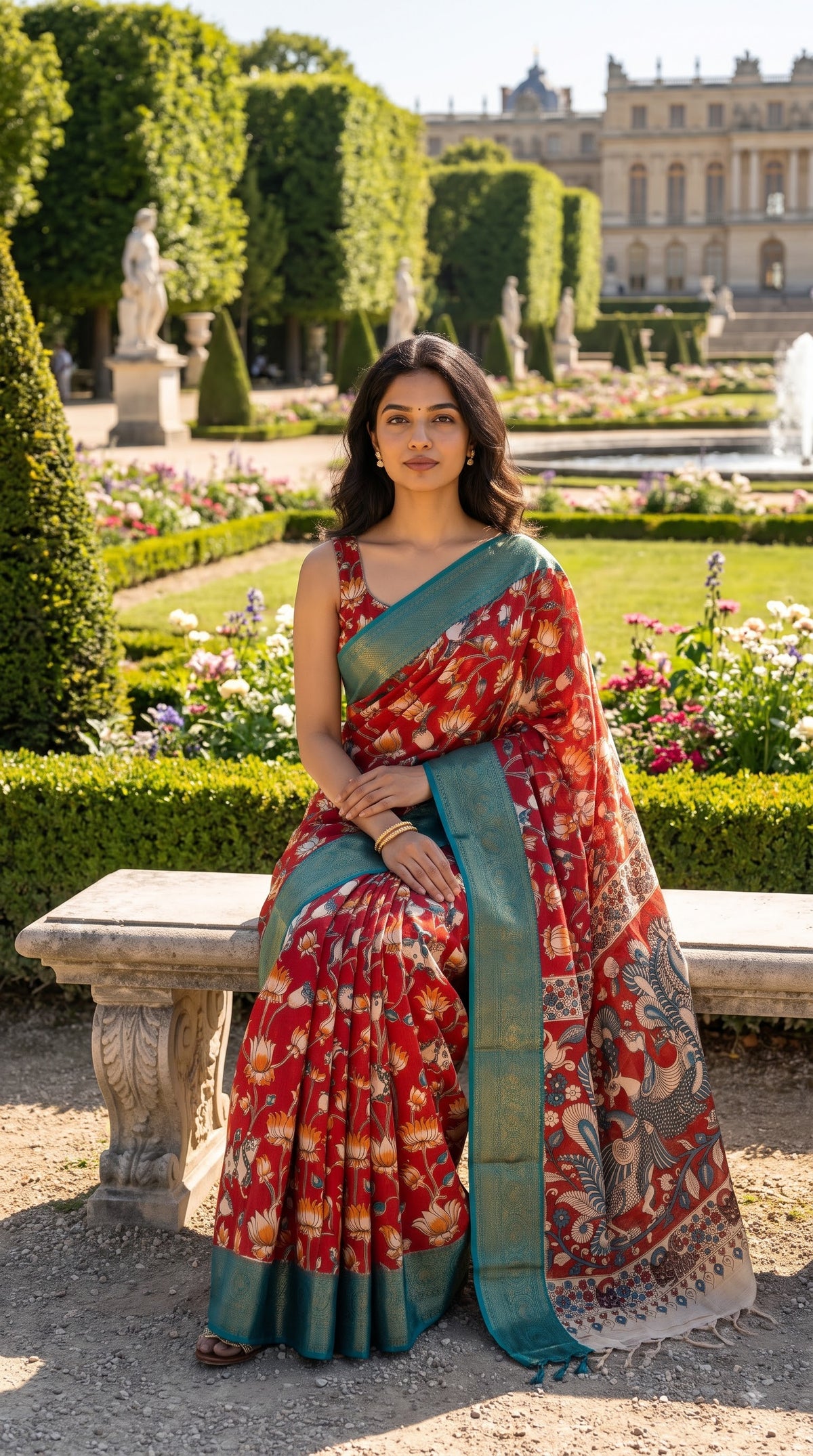 Kanchi Border Kalamkari Silk Saree - Red with Teal