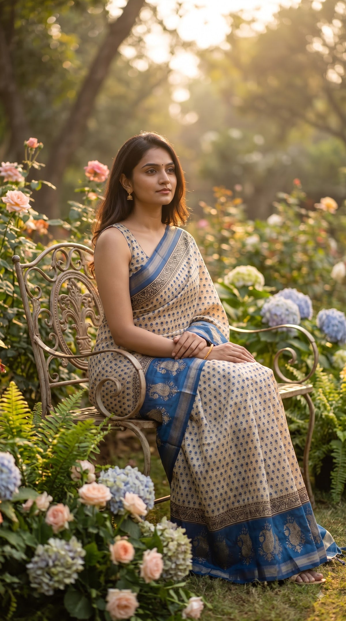 Maheshwari Silk Saree with Sanganery Handblock Print - Blue