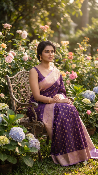 Crepe Banarasi Silk with Contrast Border-Purple