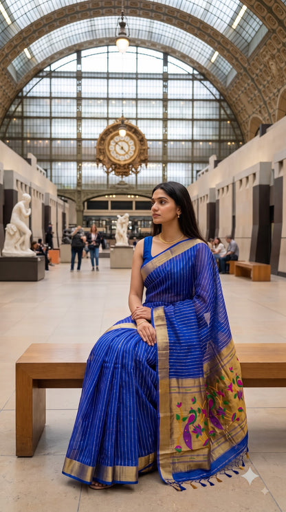 Organza Saree with Paithani Pallu - Royal Blue