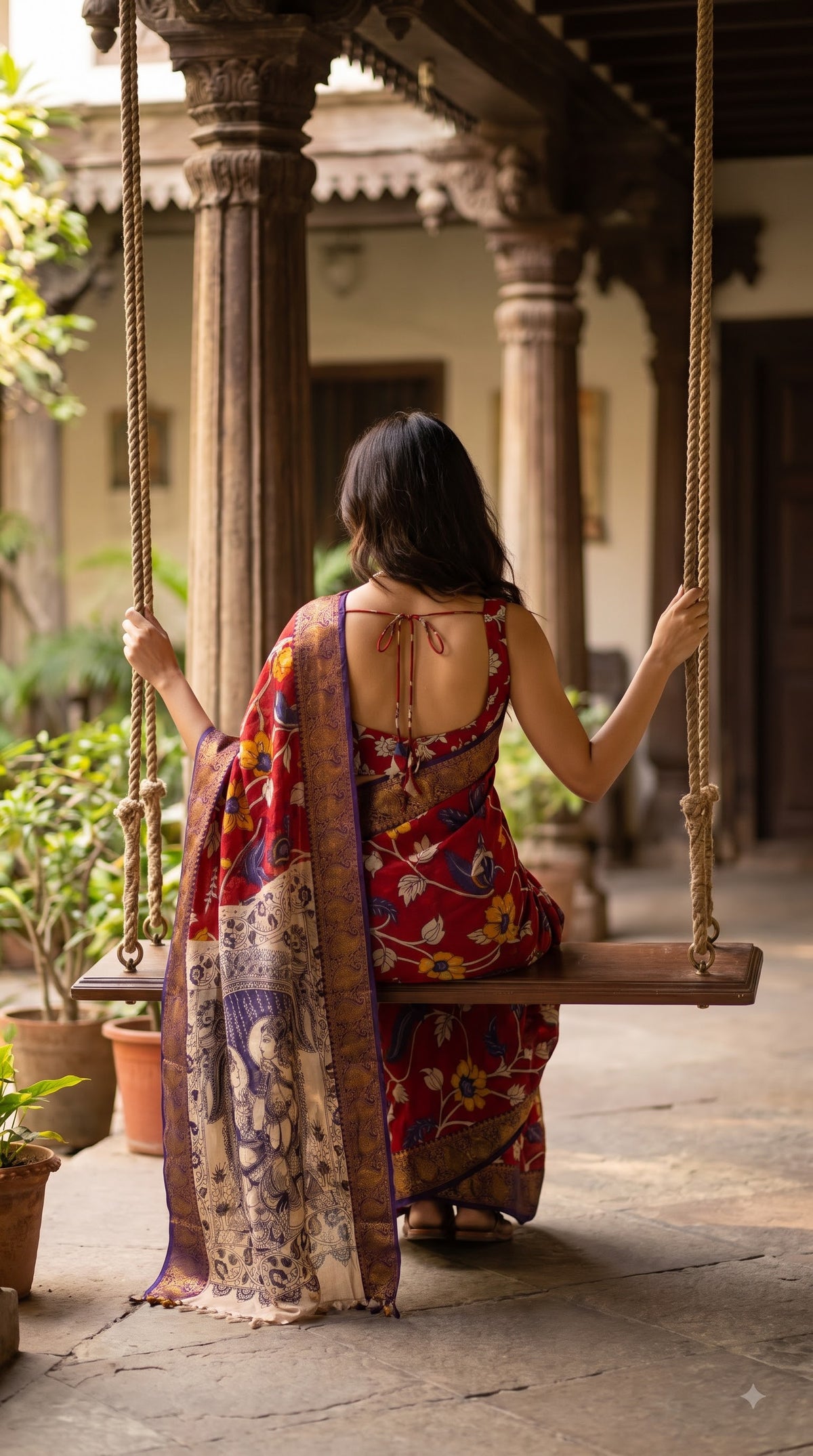 Kanchi Border Kalamkari Silk Saree - Red with Purple