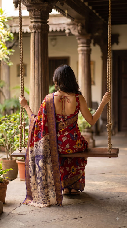 Kanchi Border Kalamkari Silk Saree - Red with Purple