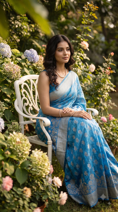 Crepe Silk Saree with Flowered Zari Border-Blue