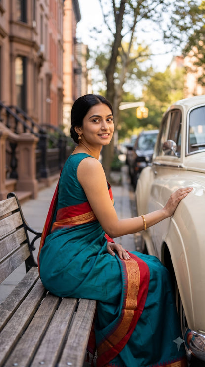 Silk Saree with Pochampally Pallu - Peacock Green
