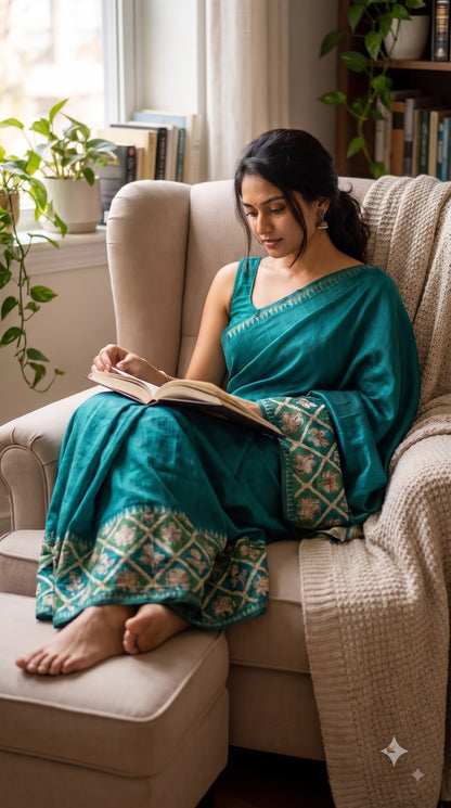 Plain Silk Saree with Kalamkari Gap Border - Rama Green