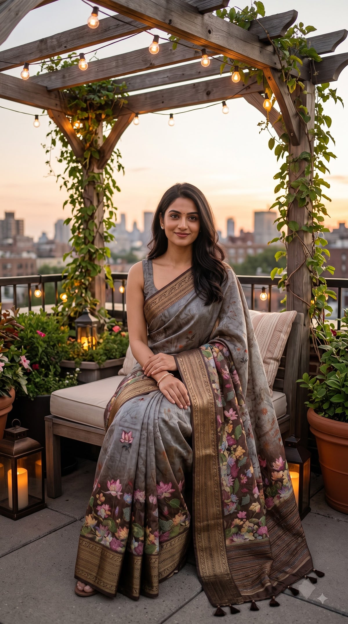 Pure Silk Saree with Digital Print & French Knot Kantha-Stitched - Grey