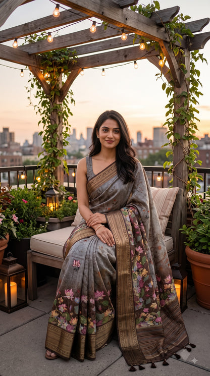 Pure Silk Saree with Digital Print & French Knot Kantha-Stitched - Grey