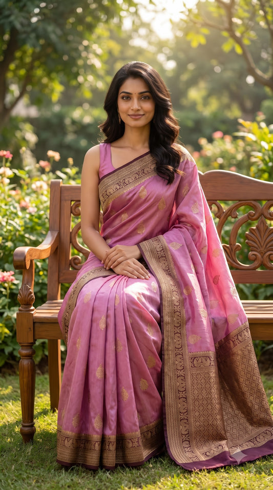 Banarasi Silk Saree-Mauve with Wine Border