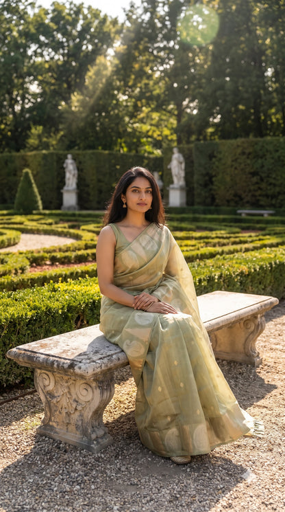 Tissue Silk Saree with Temple Border - Pista Green