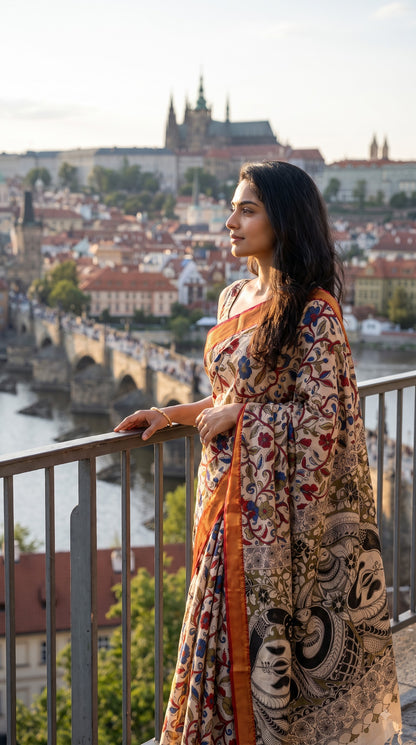 Kalamkari Printed Silk Saree with Border - Beige with Red