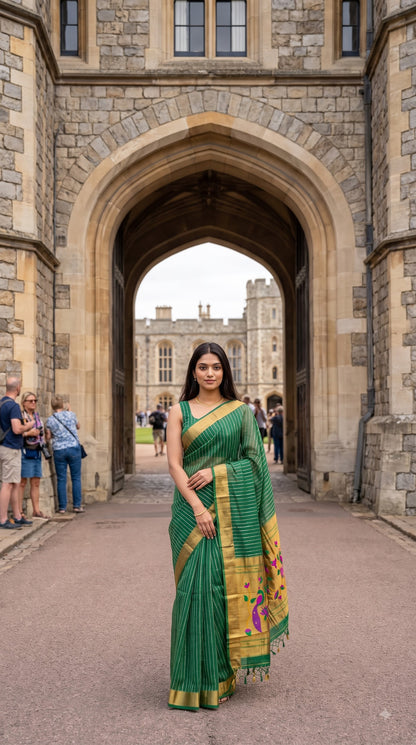 Organza Saree with Paithani Pallu - Green