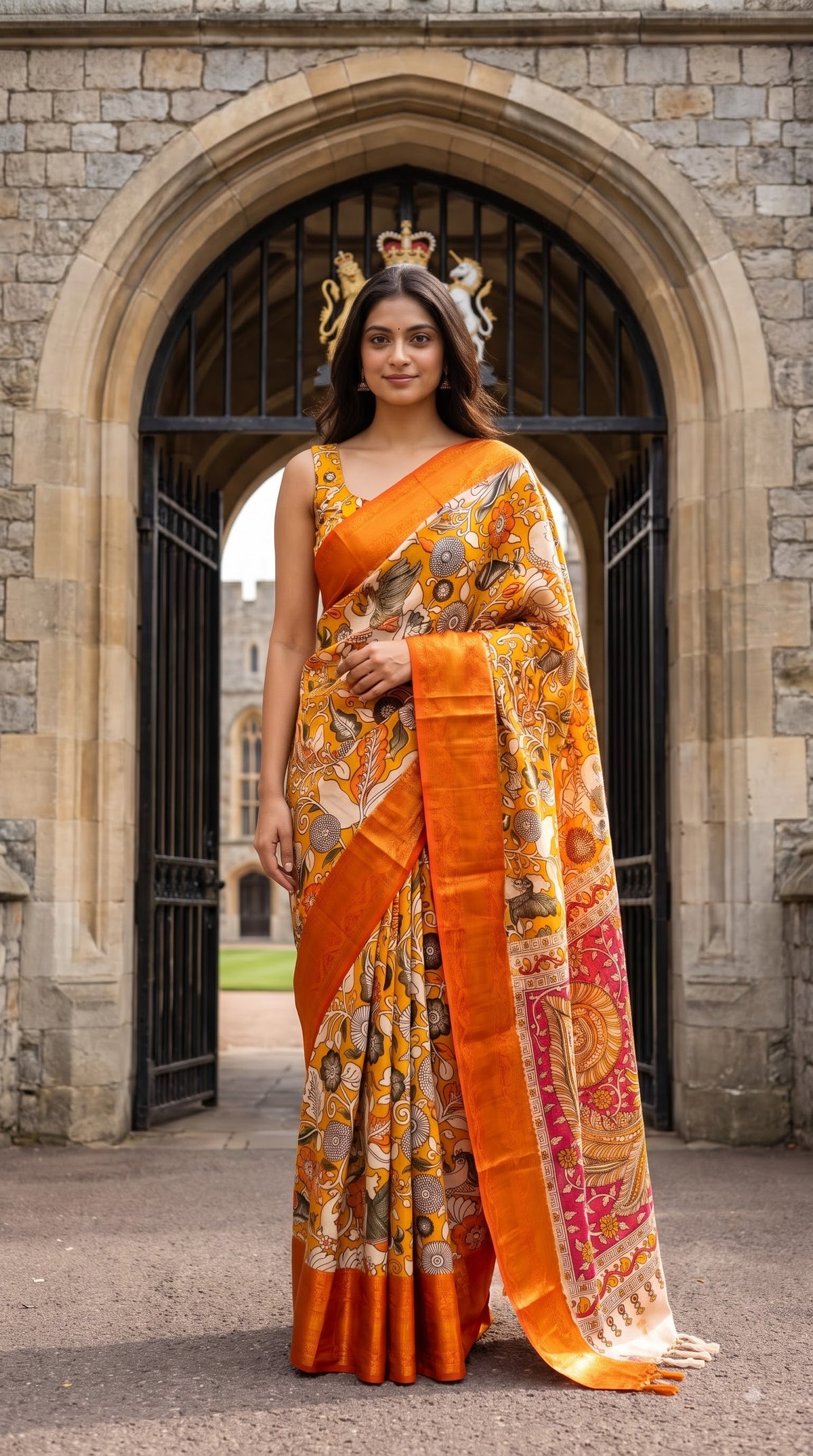 Kanchi Border Kalamkari Silk Saree - Yellow with Orange