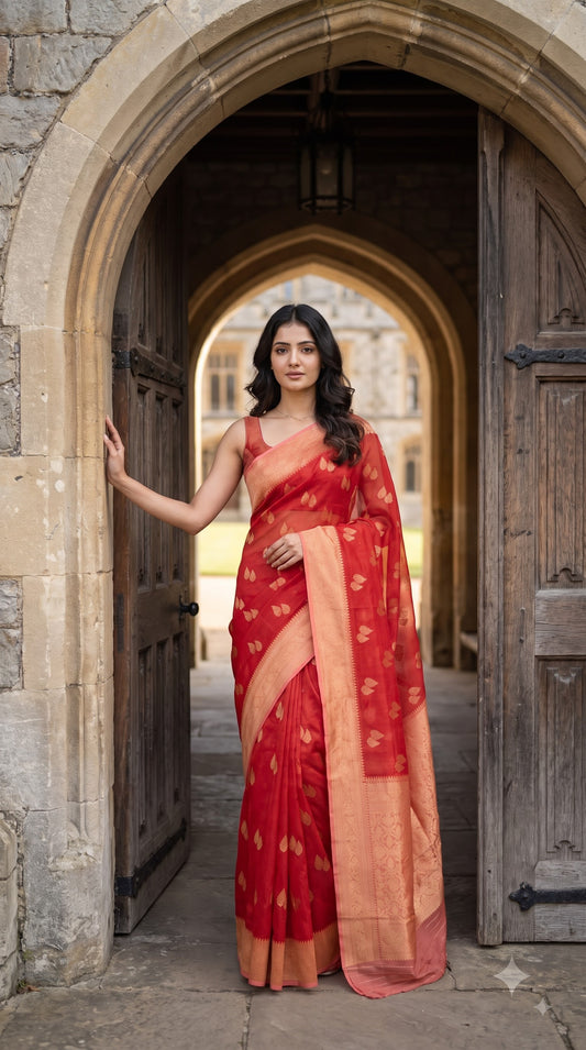 Georgette Banarasi with Contrast Border-Red