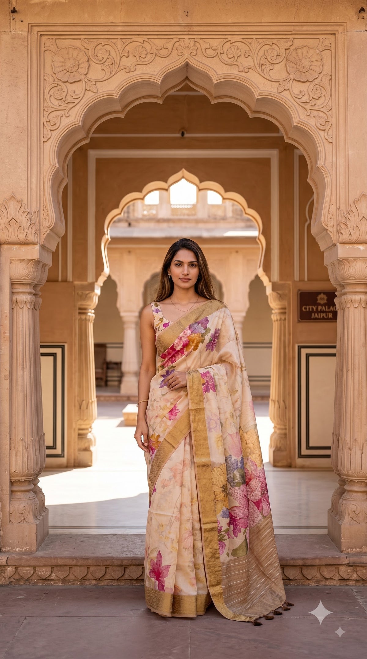 Pure Silk Saree with Digital Print & French Knot Kantha-Stitched - Beige