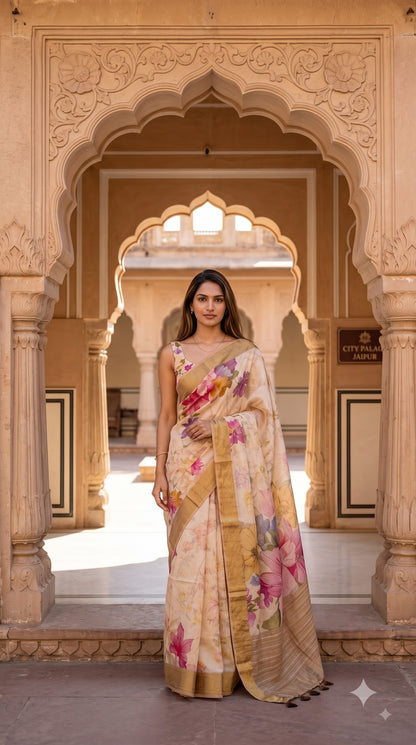 Pure Silk Saree with Digital Print & French Knot Kantha-Stitched - Beige