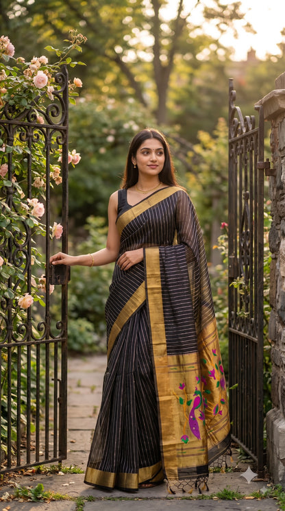 Organza Saree with Paithani Pallu - Black
