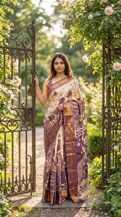 Kanchi Border Kalamkari Silk Saree with Figure Motifs - Beige with Purple