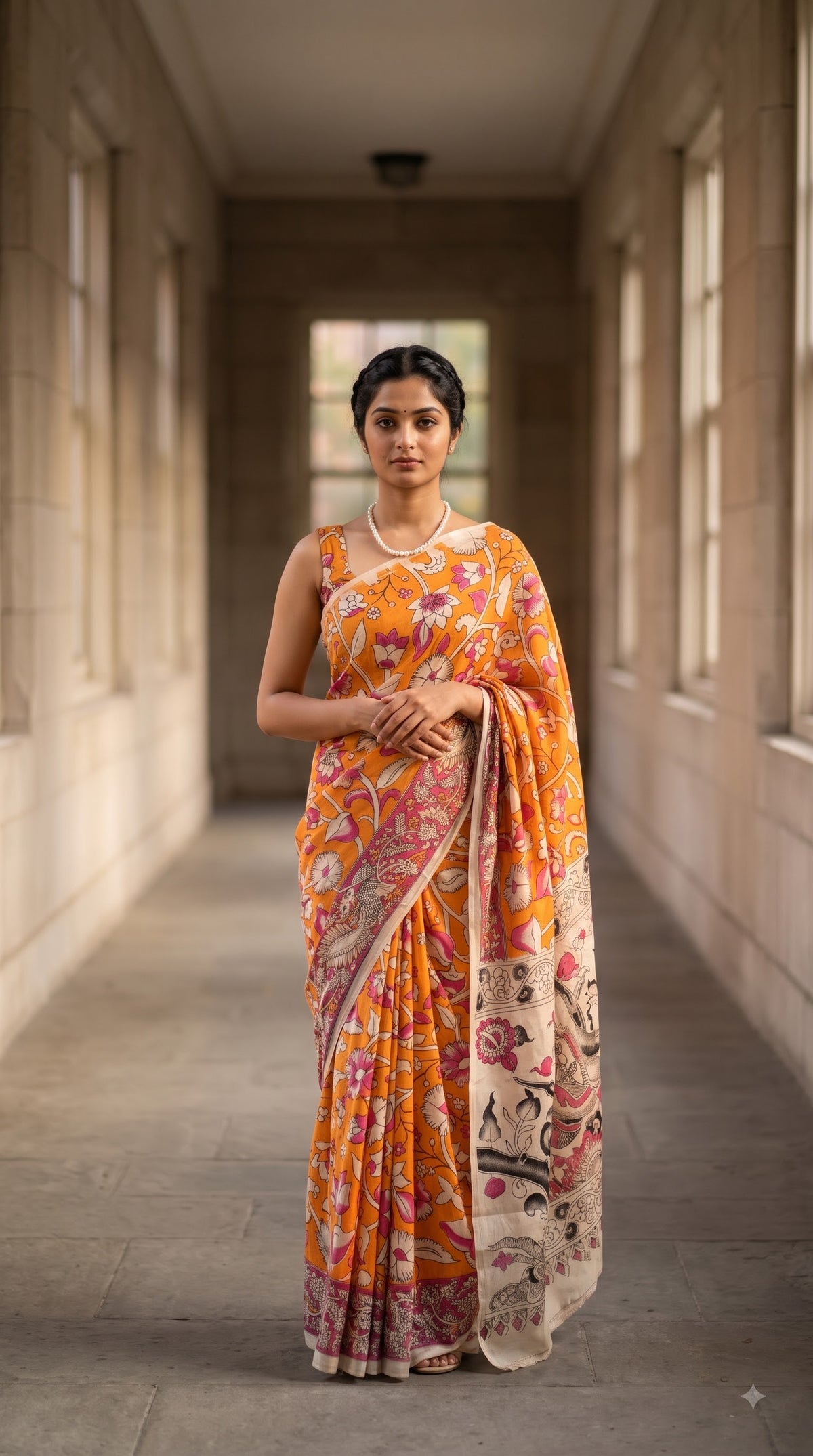 Printed Kalamkari Silk Saree - Orange & Pink