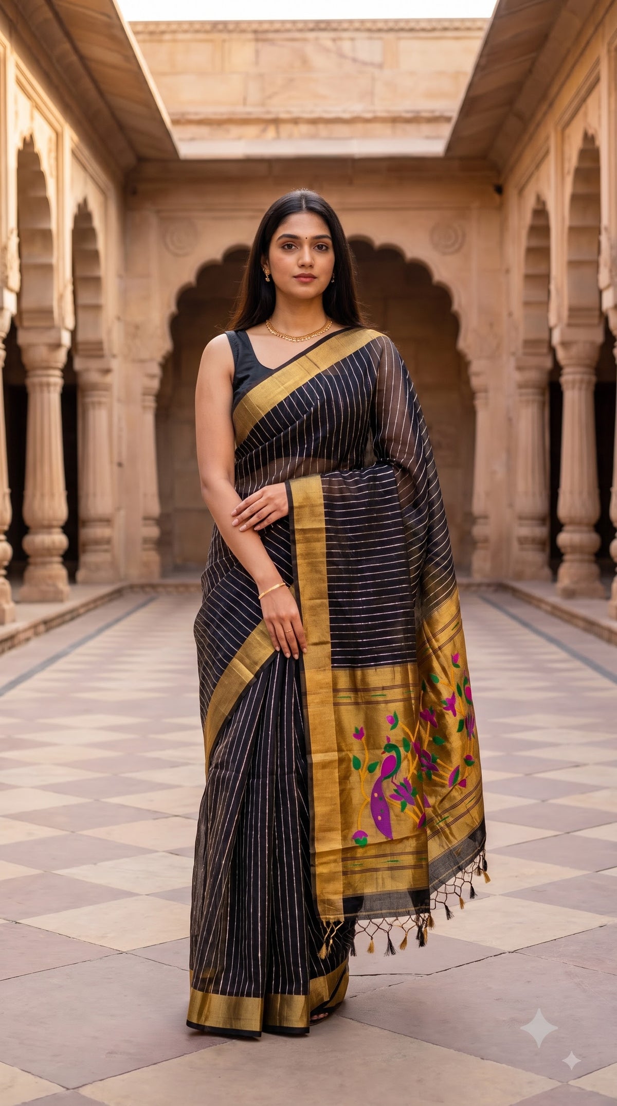 Organza Saree with Paithani Pallu - Black