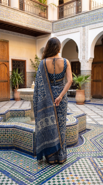 Maheshwari Silk Saree with Handblock Print - Indigo