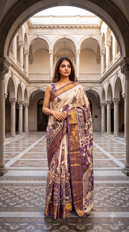 Kanchi Border Kalamkari Silk Saree with Figure Motifs - Beige with Purple