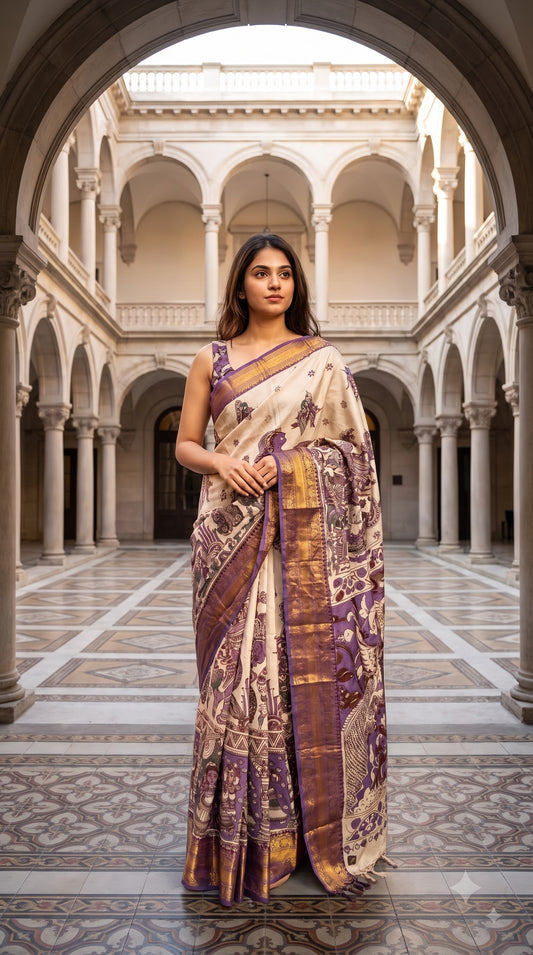 Kanchi Border Kalamkari Silk Saree with Figure Motifs - Beige with Purple