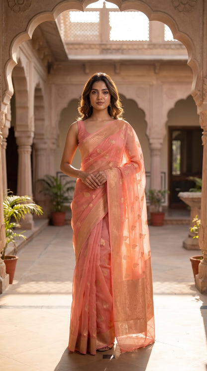 Georgette Saree with Banarsi Border-Peach