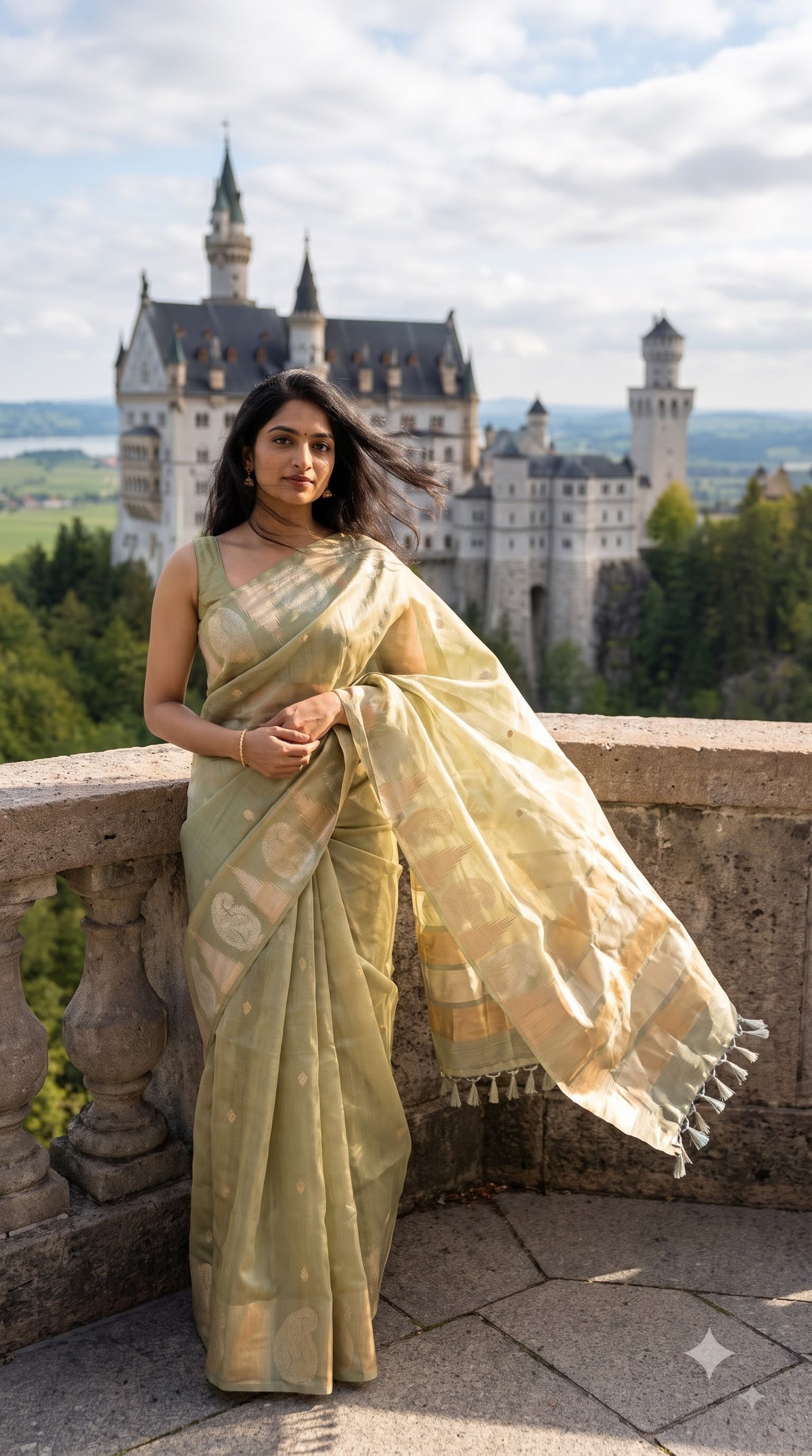 Tissue Silk Saree with Temple Border - Pista Green