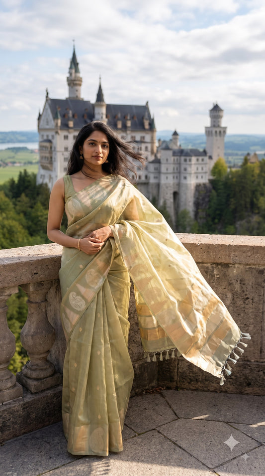 Tissue Silk Saree with Temple Border - Pista Green
