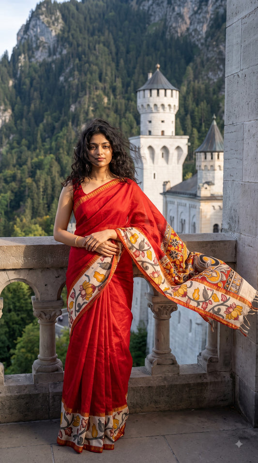 Plain Silk Saree with Kalamkari Gap Border - Red