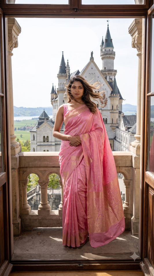 Crepe Silk Saree with Butta Motif Border-Pink