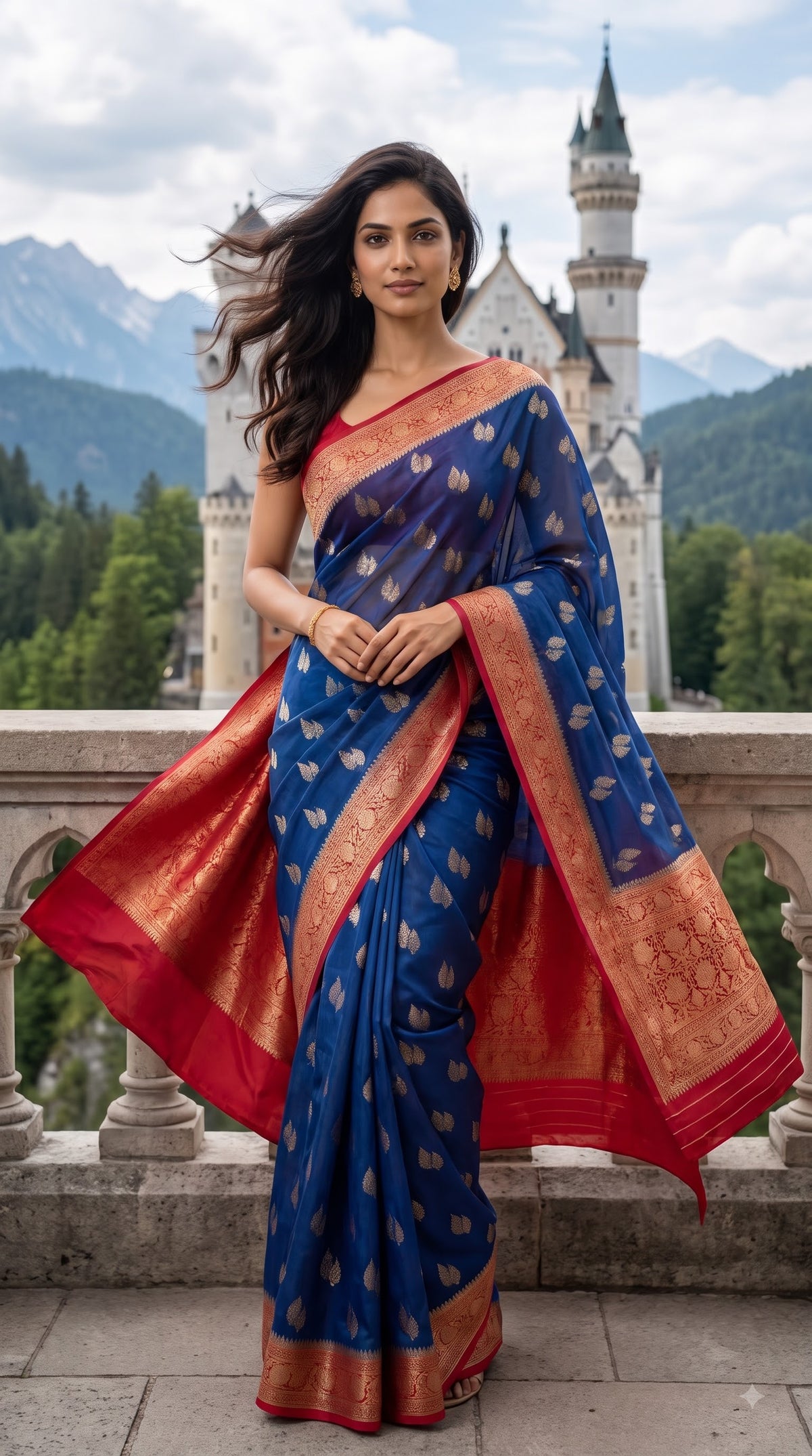 Georgette Banarasi with Contrast Border-Blue