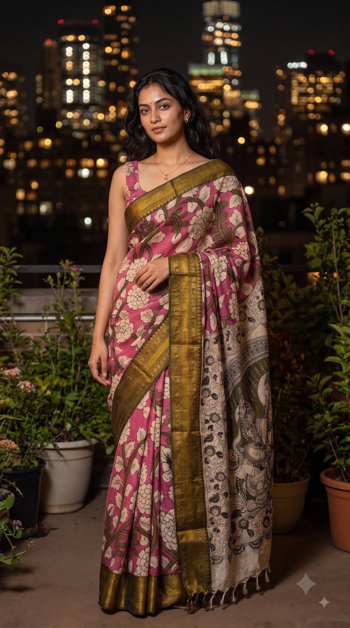 Kanchi Border Kalamkari Silk Saree - Pink with Green