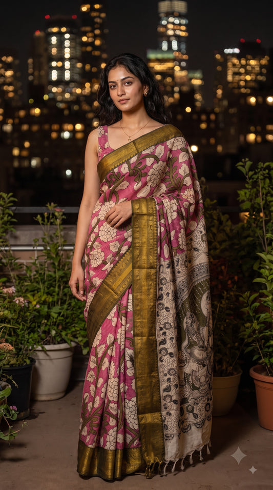 Kanchi Border Kalamkari Silk Saree - Pink with Green
