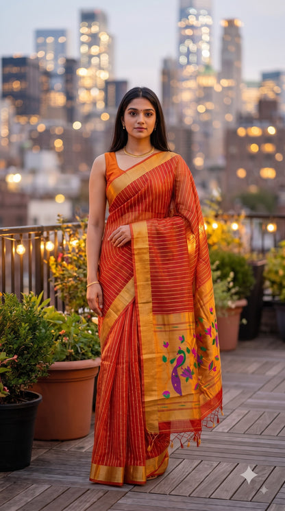 Organza Saree with Paithani Pallu - Orange