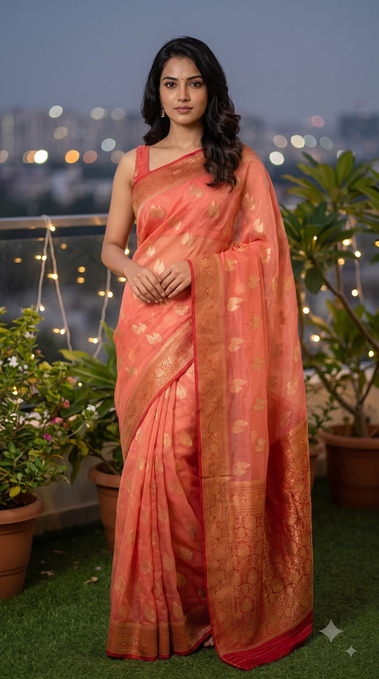 Georgette Banarasi with Contrast Border-Peach
