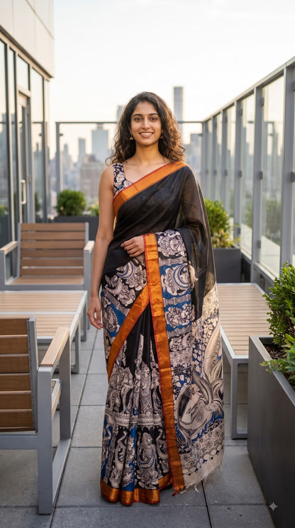 Figure Motif Kalamkari Silk Saree with Border - Black with Red