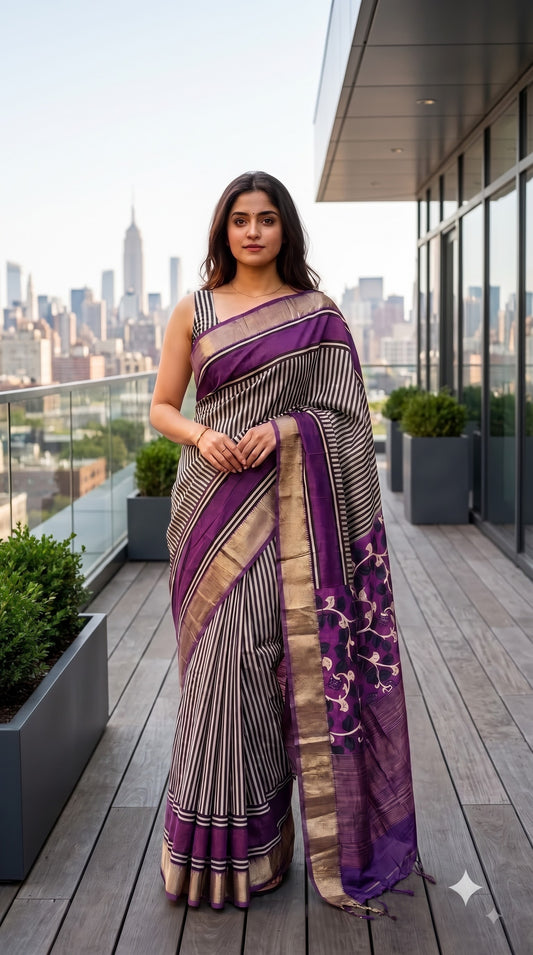 Silk with Stripes & Kalamkari Pallu - Purple