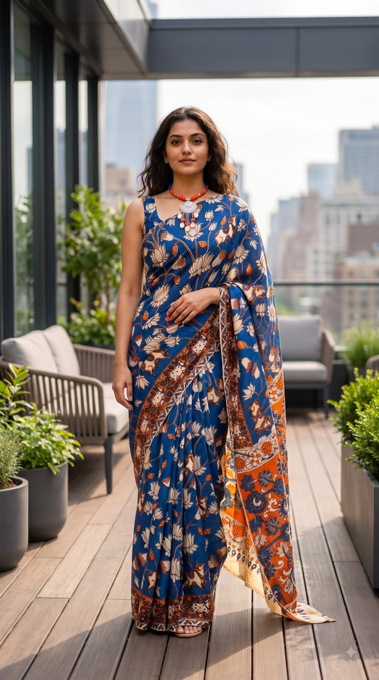 Kalamkari Printed Silk Saree - Blue with Orange